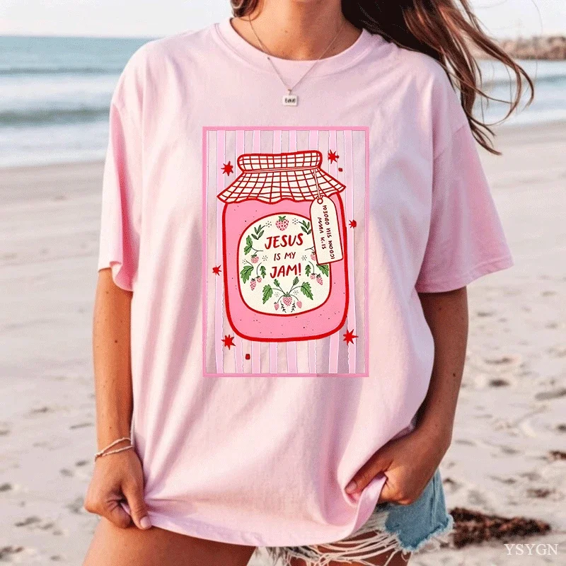 Unisex Jesus Is My Jam Strawberry Jam Jar Graphic T-Shirt Christian Tee Men Women Crewneck T Shirts Summer Pullover Streetwear