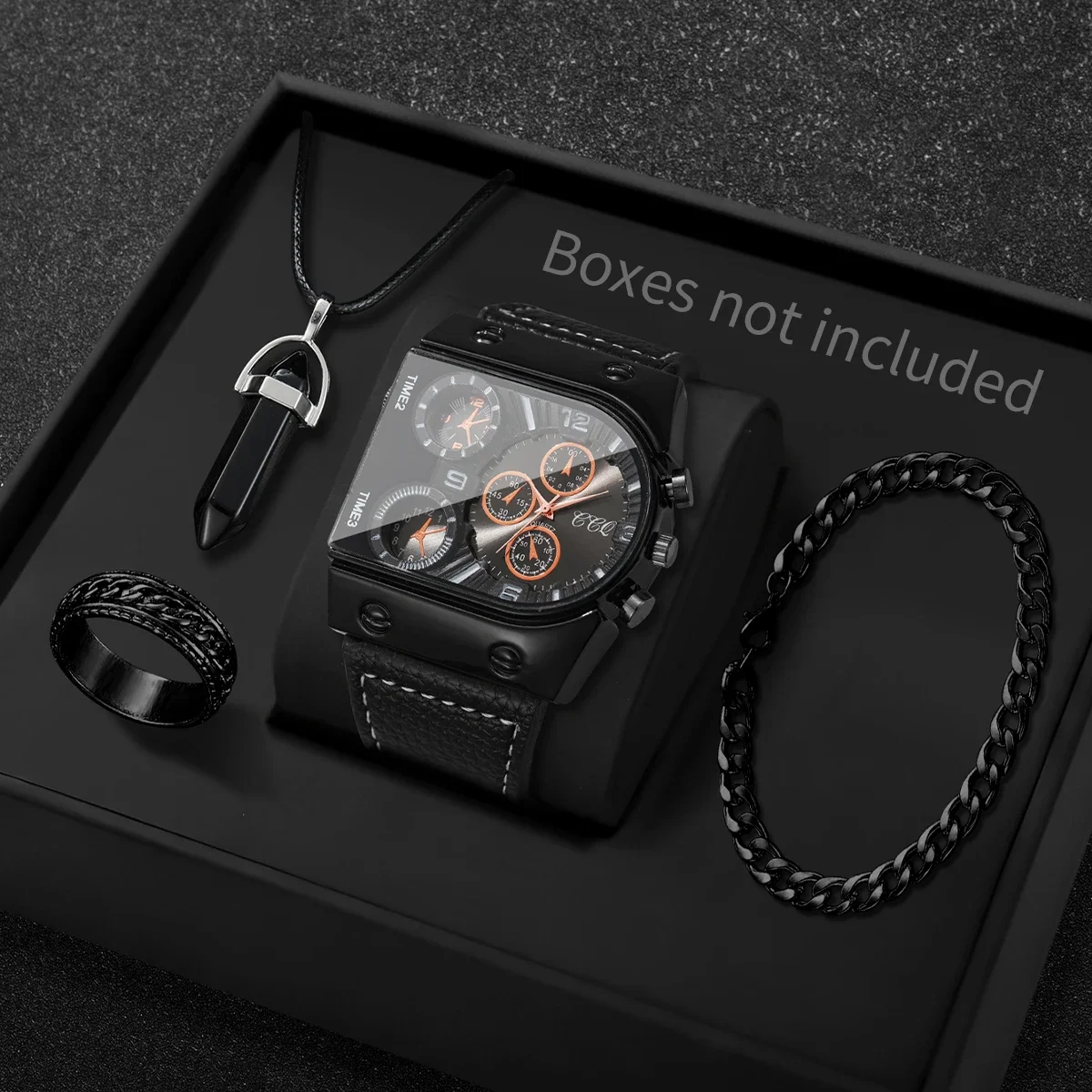 

4 шт./компл., роскошные мужские кварцевые часы с большим циферблатом, повседневные наручные часы с кожаным ремешком, комплект ювелирных изделий Reloj Hombre (без коробки)