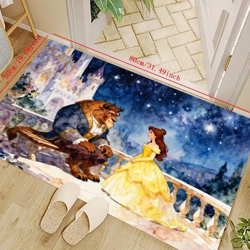 1PC Disney Beauty and the Beast Belle & Beast Romantic Castle Starry Night Watercolor Art Non-Slip Floor Mat, Washable Princess