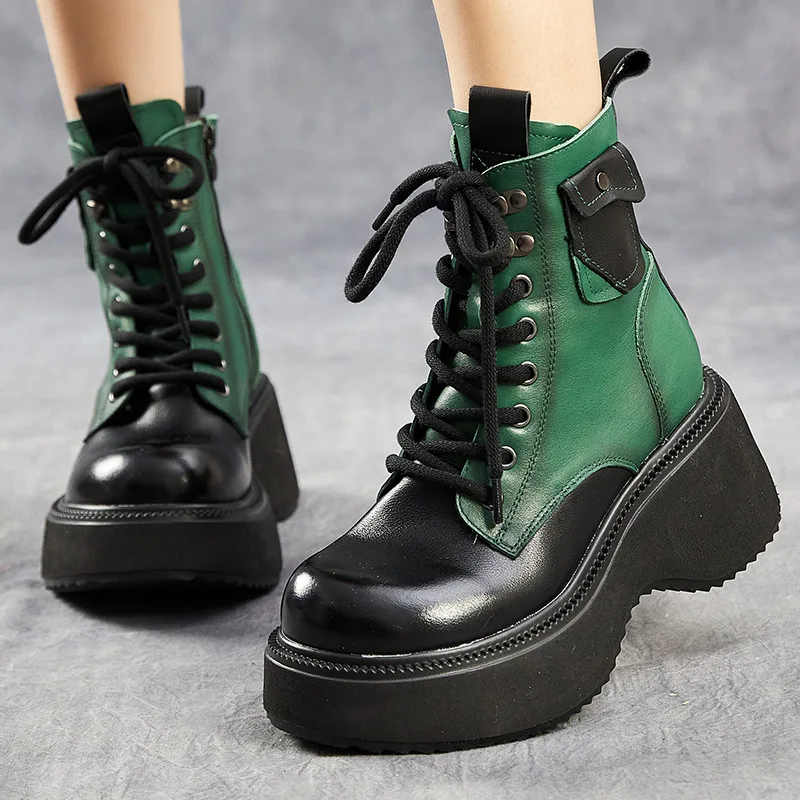 

Platform High Heel Boots Genuine Leather 2025 Winter Thick Soled Mixed Colors Round Toe Women Plush Short Boots