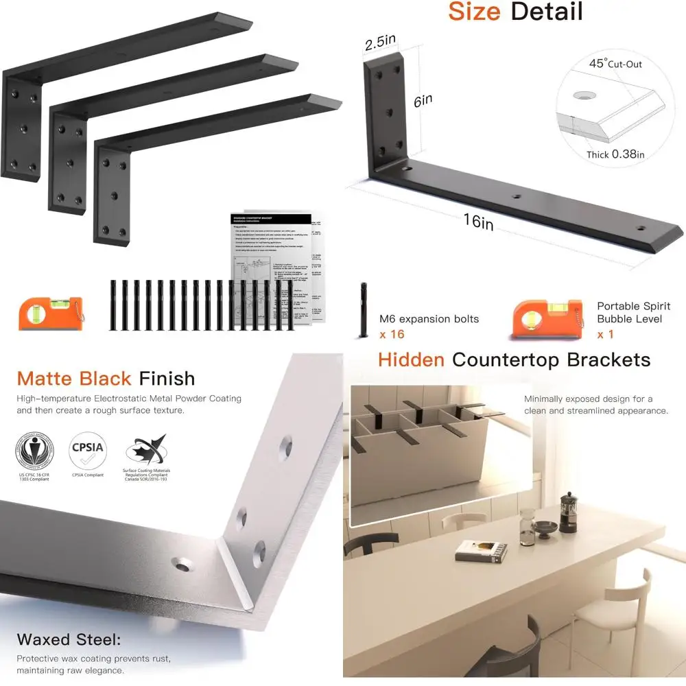 

Heavy Duty 3/8 Thick L-Shaped Front Mounted Countertop Support Brackets, 3-Pack for Shelving Installation