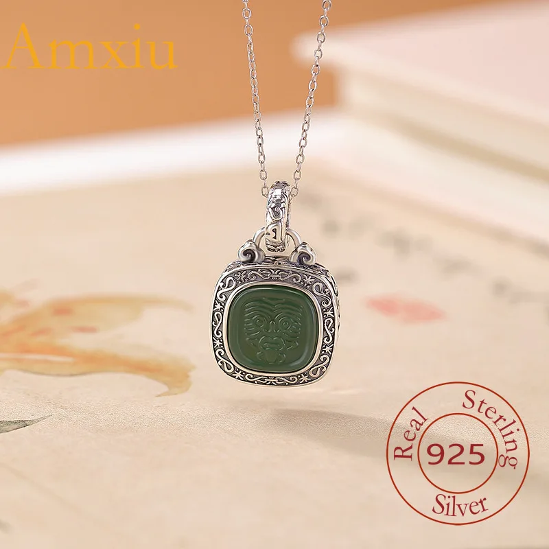 

Amxiu Sterling Silver 990 Hetian Jade Jasper Zakiram Mantra Square Vajra Ethnic Style Pendant