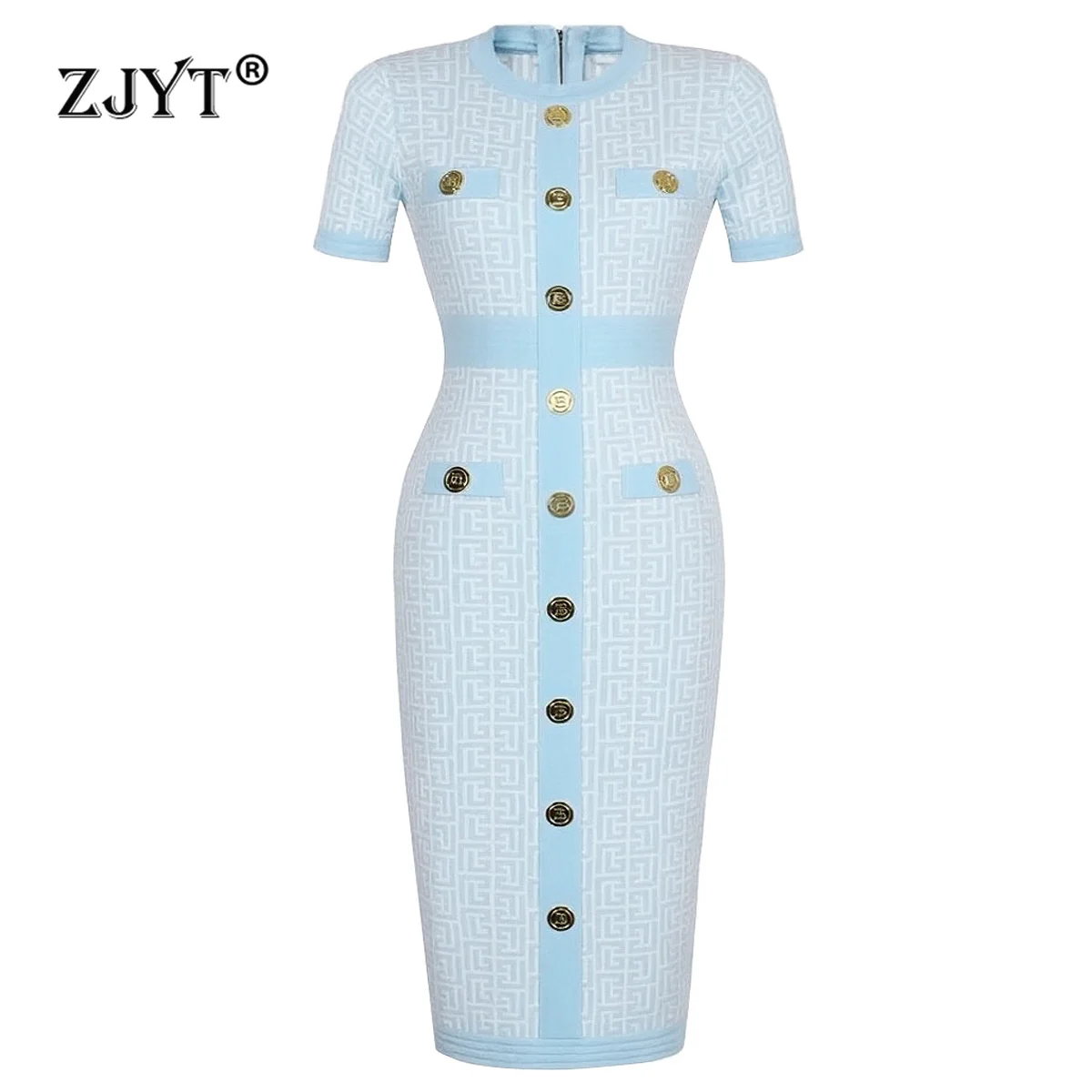 

ZJYT Summer Fashion Geometric Patterns Print Midi Knitting Dresses for Women 2025 New Short Sleeve O Neck Vintage Straight Dress