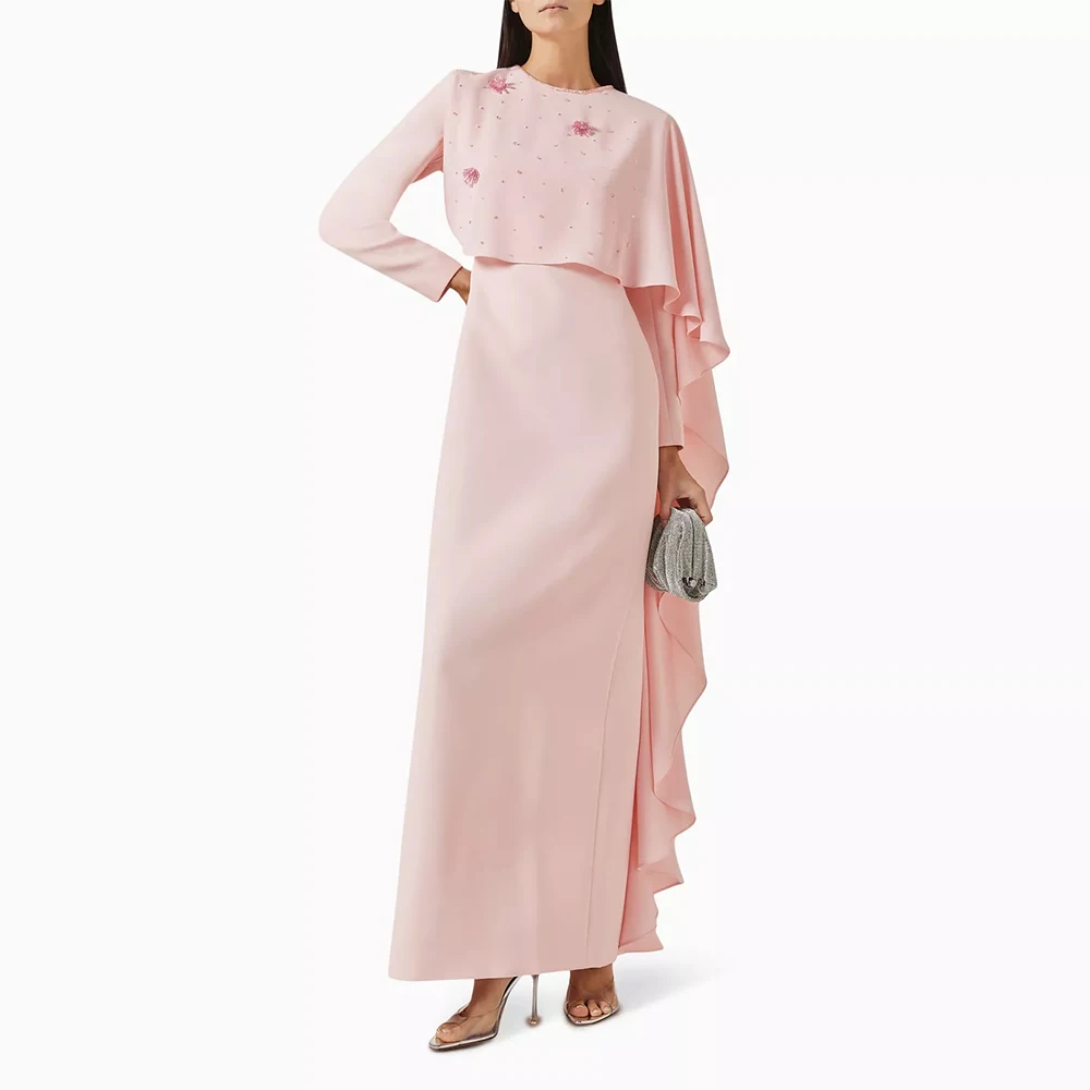 

High Quality Women's Evening Ball Gowns Satin&Jersey Sheath/Column Prom Dress Pink O-Neck Beading Draped Pearls Party Dress Maxi