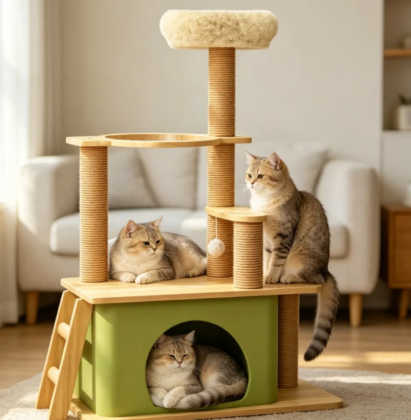 Custom Logo Solid Wood Cat Climbing Tower with Enclosed Cave House, Multi-Platform Cat Tree for Interactive Play & Bulk Supply