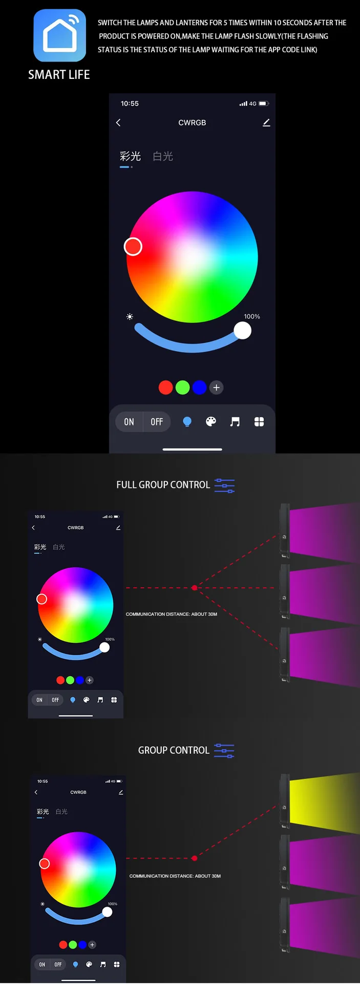 Lampu Sorot Warna RGBCW Bluetooth WiFi Grafiti dengan Remote Control Aplikasi Cerdas Tegangan Lebar dan Lampu Banjir LED Tujuh Warna