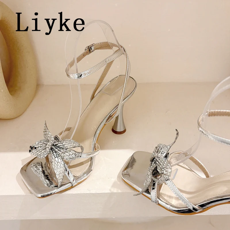 Liyke Fashion Design Crystal Bowknot Square Toe Elegant Sandal Women Wedding Party Shoes Gladiator High Heels Ladies Gold Silver