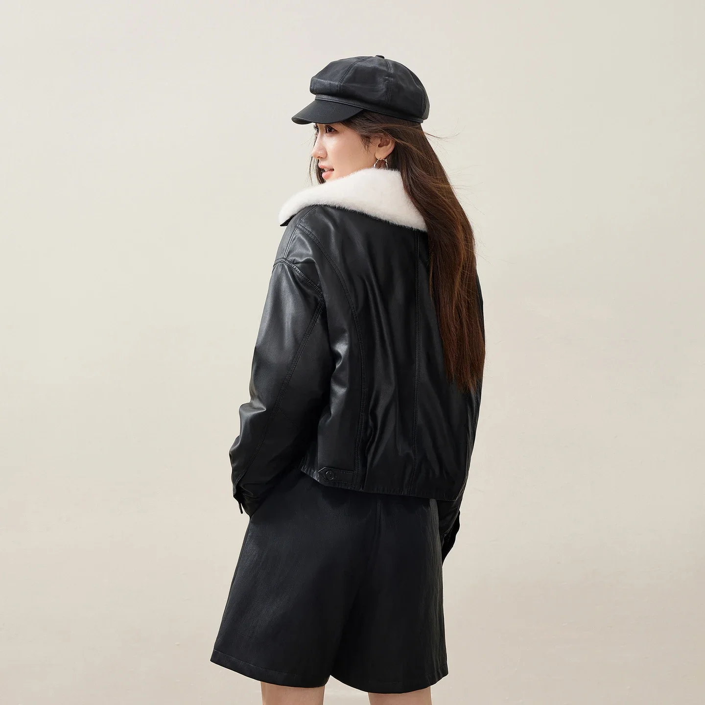 SENTUBILA Women Moto Biker Faux Leather Down Jacket 90% White Duck Down Petite Lapel Collar Cropped Commuter Outerwear W64YC7765