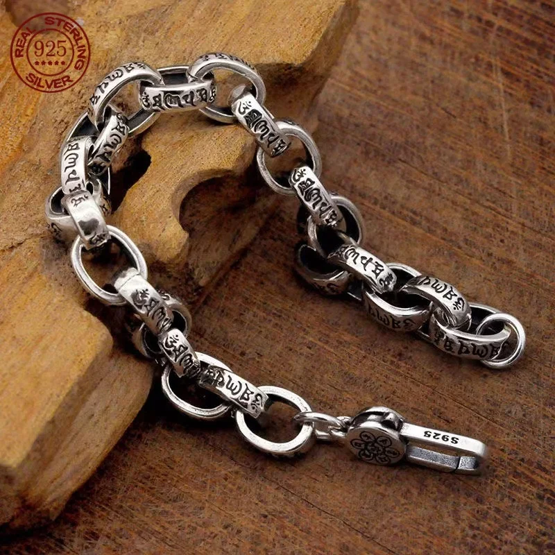 

Real S925 Sterling Silver Logo Bracelet Biker Punk Rock Chain Chrome Retro style Jewelry for Men 6mm Width Charm Bracelets