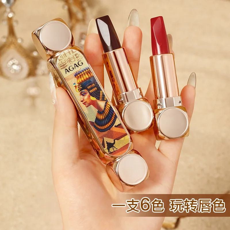 Retro Egyptian Lipstick 6 Colors in 1 Lipstick Matte Liquid Lipstick Makeup Set  Matte Liquid Long-lasting Wear Non-stick Cup