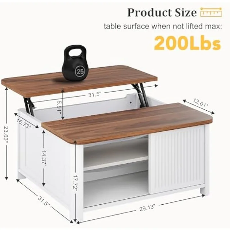 Lift Top Coffee Table with Storage, 31.5" Mid Century Modern Square Coffee Tables for Living Room,White