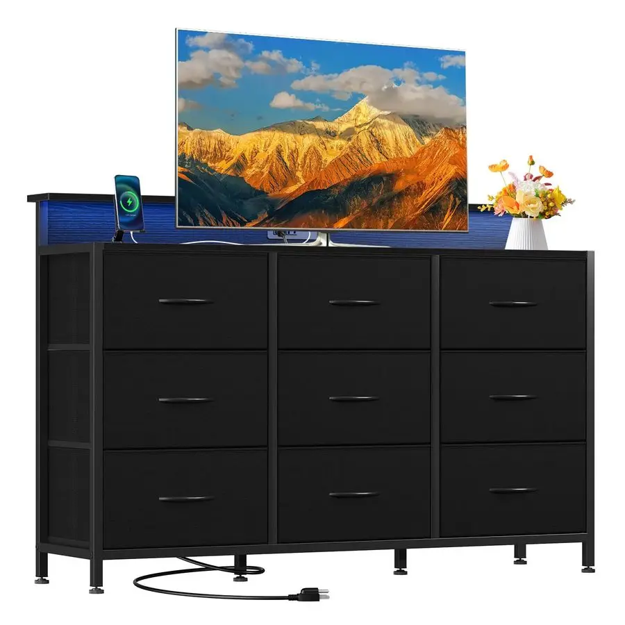 

Тумба под телевизор с 9 тканевыми ящиками и открытыми полками, развлекательный центр с LED-подсветкой, зарядная станция для спальни, Woo