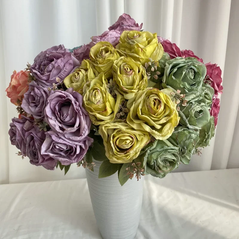 43CM Artificial Flower Ground Wool Cloth with 7 Forks and Burnt Edges Rose Home Decoration Wedding Silk Flower