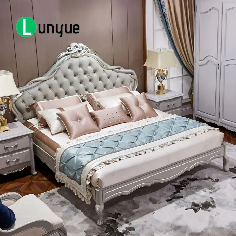 European Neoclassical Modern Solid Wood Leather Double Bed with Storage Eco Friendly Design for Master Bedroom Furniture