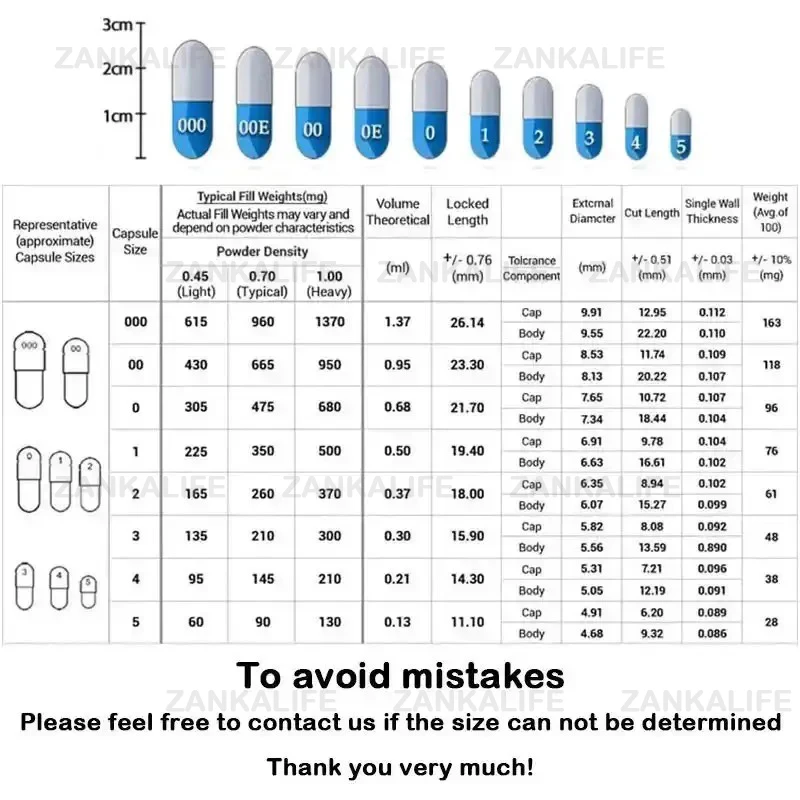 ZANKALIFE 100 PCS Koszerny Halal Certyfikat ISO Rozmiar 000 00 0 1 2 3 4 5 Twarde puste kapsułki żelatynowe Puste kapsułki wegańskie