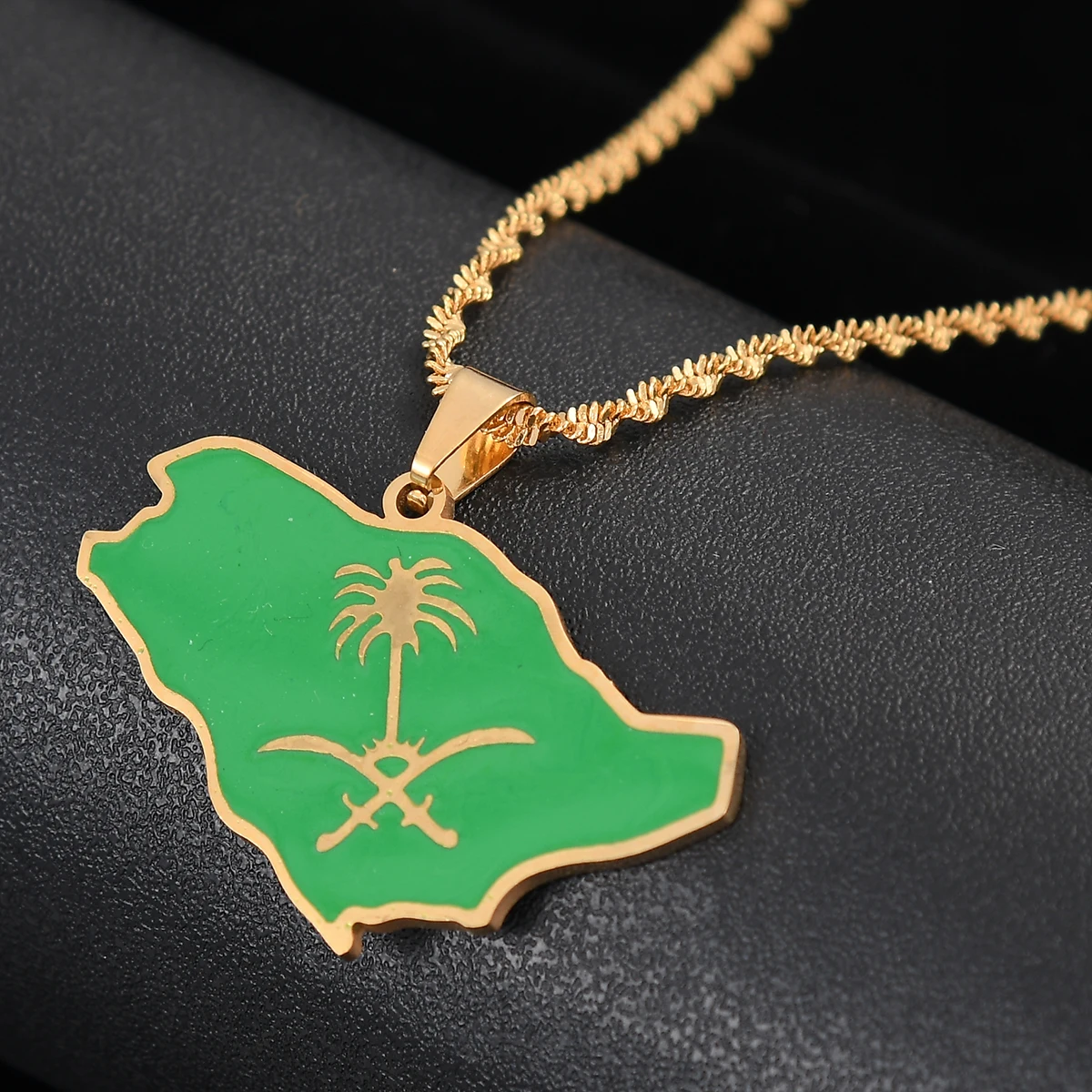 Saudi Arabia Map With Green Enamel Pendant Necklace Kingdom of Saudi Arabia Jewelry