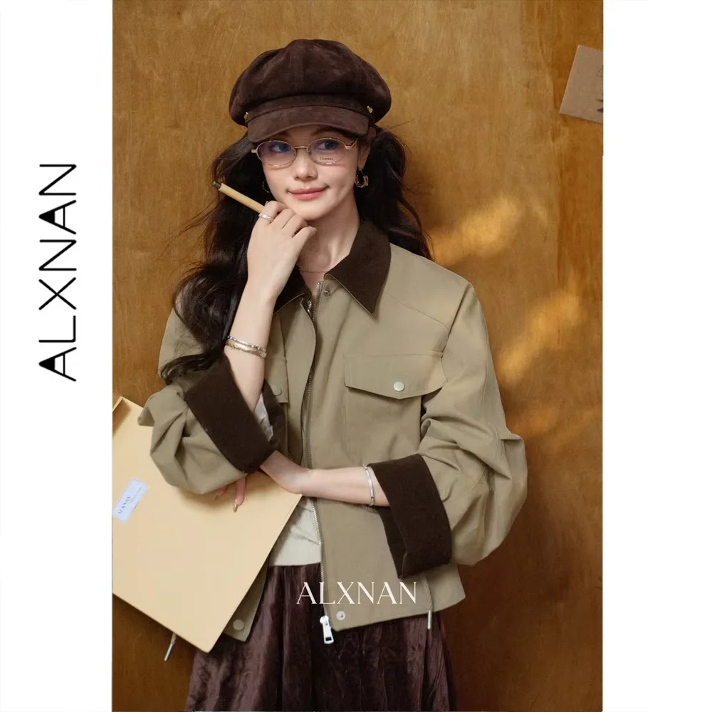 ALXNAN Women's Khaki Color Block Lapel Collar Zip Up Pocket Utility Short Jacket Loose Fit Casual Commuter Autumn 2026 L68527
