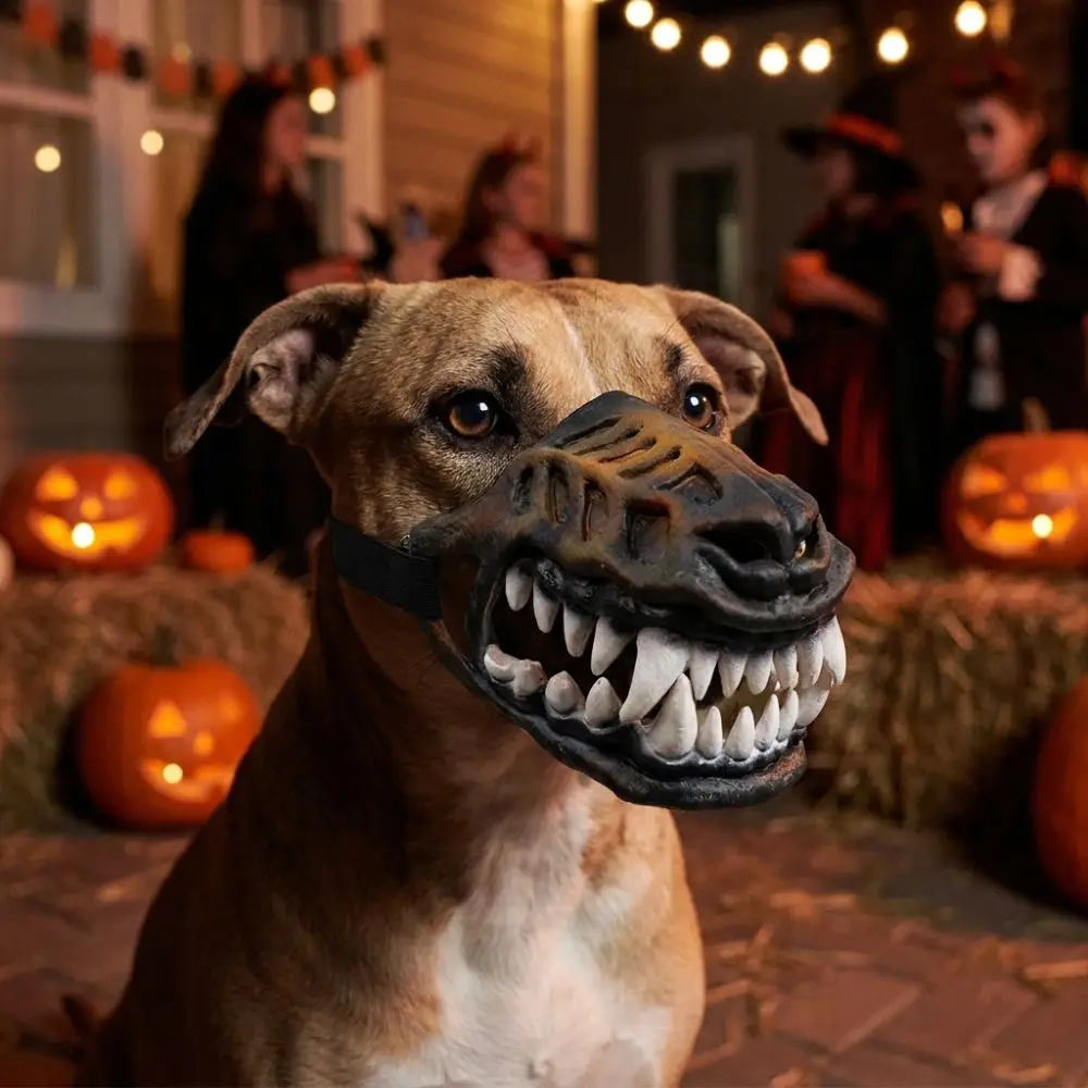 Vintage Halloween-Hundemasken mit beweglichen Zähnen, verstellbaren Riemen, Latex-Halbgesichtsmaske für Hunde, reißfest, realistische Zähne – Detail 9