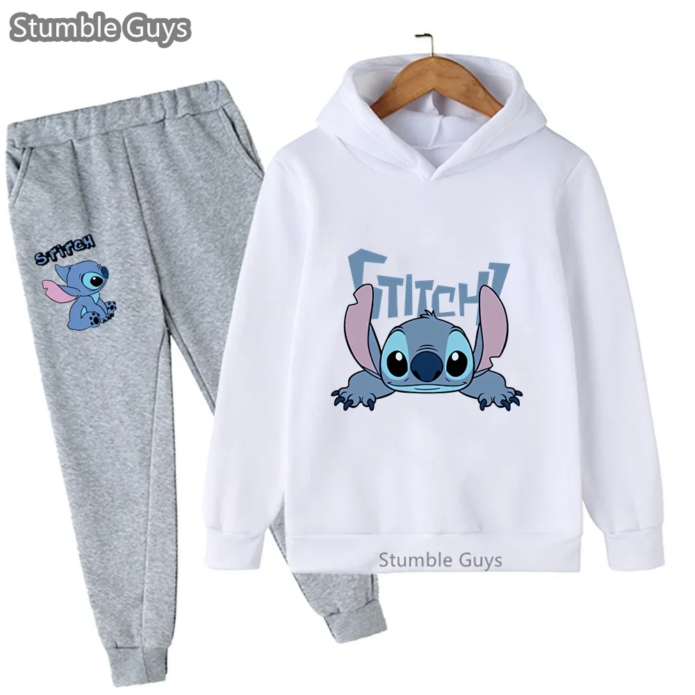 Stitch Hoodie Set Kids Girls Clothes Disney Boys Sweatshirt Stich Tops + Pants 2 Pcs Suits Sonic Pokemoned Marios Tracksuits Set