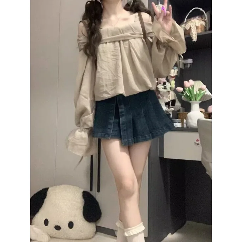 2024 Autumn New Retro Hong Kong Style One Shoulder Flare Sleeve Top Design High Waist Slim Skirt Set of Two Female Clothing