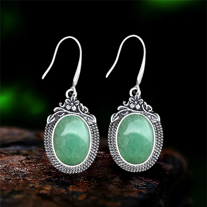 Vintage Natural Stone Quartz Jades Jewelry Set For Women Antique Silver Plated Flower Plant Pendant Necklace Earring Jewelry