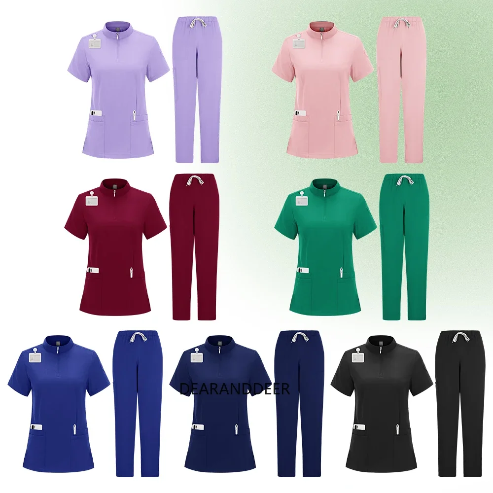 Comfortable and breathable fashionable slim-fit short-sleeved V-neck top  pants matte jogger doctor nurse medical uniform set