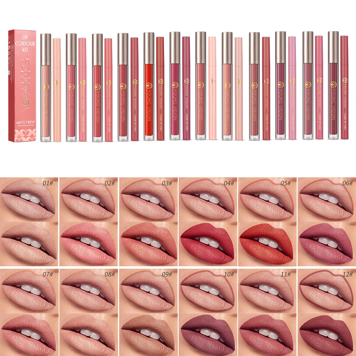 YOUNG VISION 12 Color Lip Glaze + Lip Liner ComboLiquid Lip LinerMoisturizing, smooth, easy-to-apply color lip liner