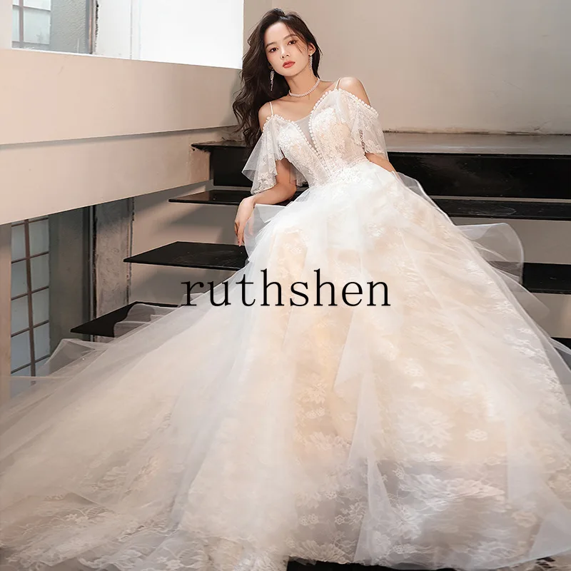 

Evening Dresses Woman Elegant 2025 New Off The Shoulder Lace Tulle Sexy Sweep Train Birthday Party Performance Gown Customized
