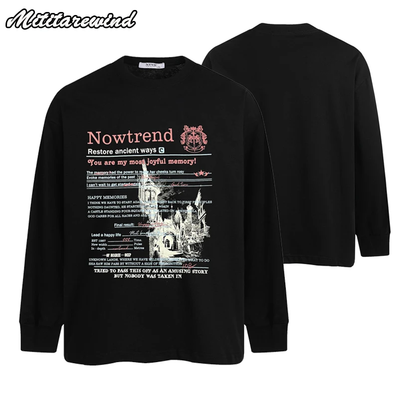 Spring Autumn Long Sleeve T Shirt Men Retro Castle Letter Printed Oversized T Shirt Hip Hop Streetwear Cotton Graphic T Shirts