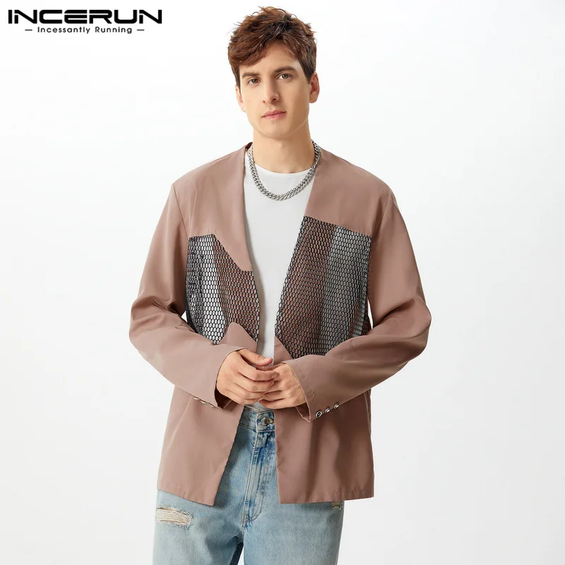 Sexy Fashion Style Tops INCERUN Men\'s Hollow Out Mesh Splicing Suit Coats Casual Clubwear Male Hot Sale Thin Long Sleeved Blazer