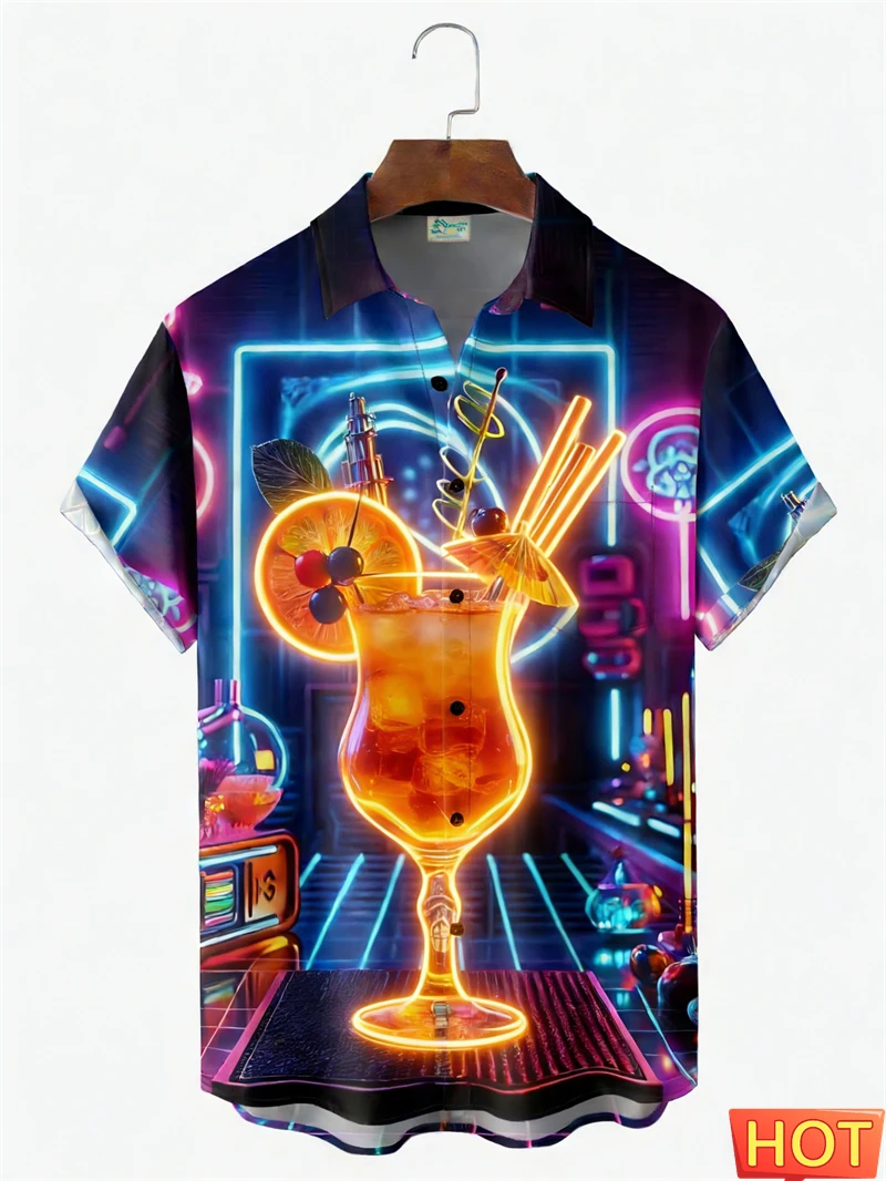 

Мужская неоновая коктейльная гавайская рубашка в стиле ретро с пляжным принтом, повседневная рубашка с короткими рукавами на пуговицах для летней вечеринки, отпуска, блузка, топы