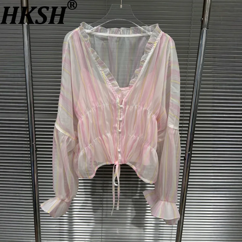 

HKSH Early Autumn New Women Two-Piece Set V-Neck Long Sleeve Ruffles Contrast Color Sweet Elegant Shirt Basic Strap Vest HK10559