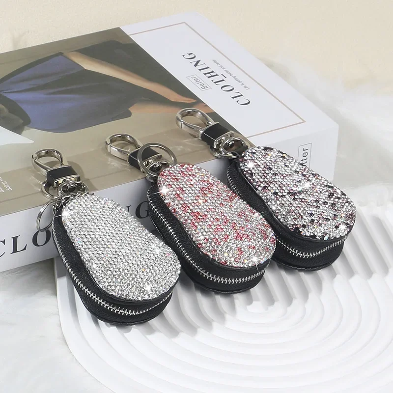 Rhinestone Crystal Clay Car Key Chain Case Premium Leather Coin Holder Zipper Case Remote Wallet Bag Auto Decor Car Accessories