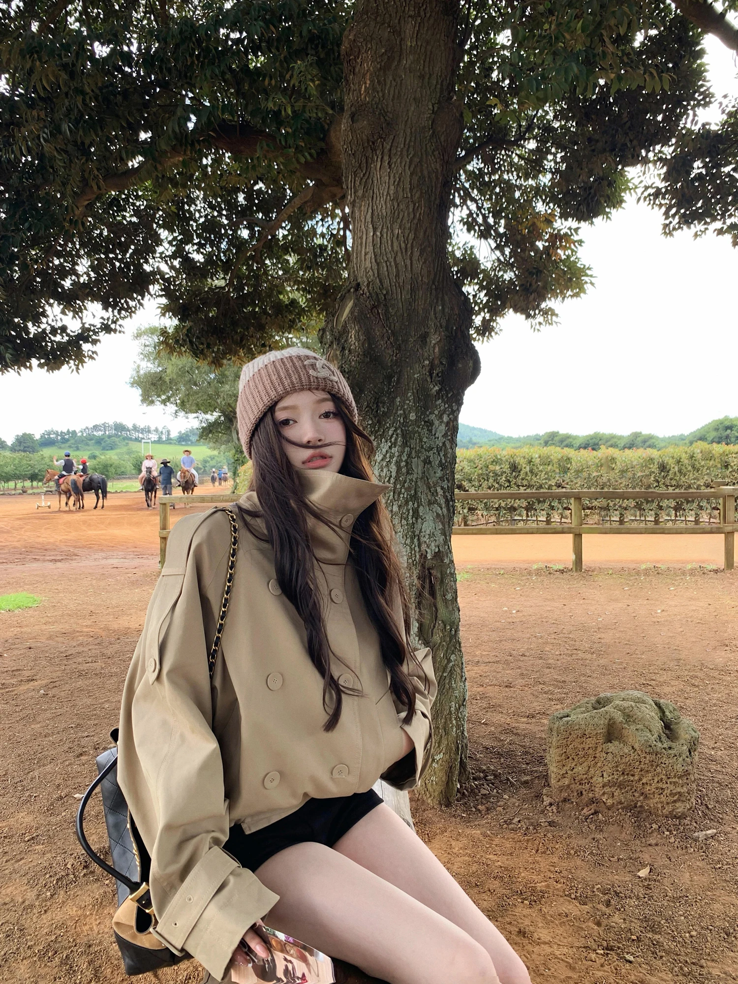Cute British Style Short Loose Women's Windbreaker Double Row Buttons Stand Collar Casual Outerwear Top for Autumn Season