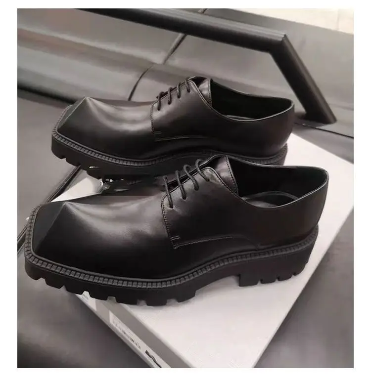 Men's Big Head Leather Niche Design Casual Platform Rhino Horn Square Head Derby Single Sneakers Shoes