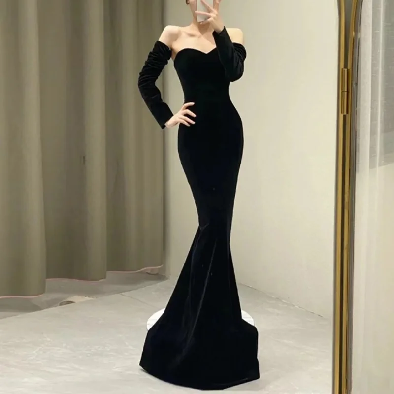 Customized Black Trumpet Evening Dress 2024 New Strapless Formal Robe Women Elegant Temperament Slim Waist Patchwork Bow Wedding