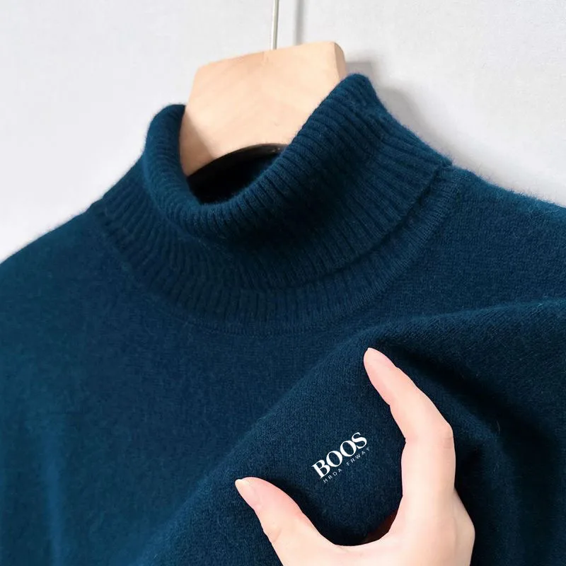 Embroidered Woolen Sweater Men's 100% Pure Wool Thickened Warm Semi-turtleneck Round Neck Winter Knit Base Pullover Men's Top