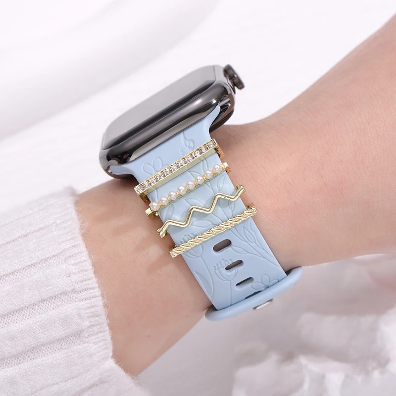 Silicone Watchband Charms Pearl Wave Decorative Jewelry for Apple Strap Cute 4pcs Watch Band Accessories Charms Stud for Iwatch