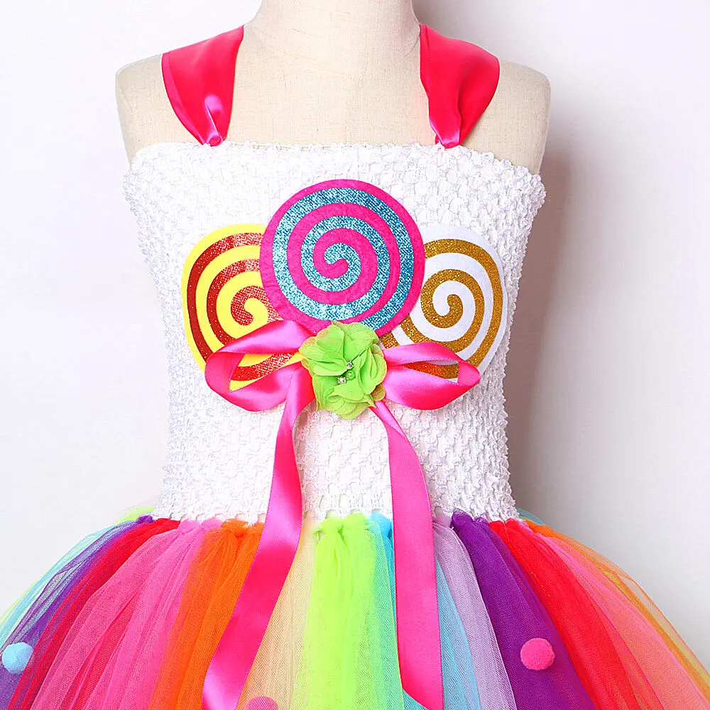 Rainbow Lollipops Long Tutu Dress for Girls Candy Birthday Party Costumes for Kids Christmas Halloween Outfit Princess Ball Gown