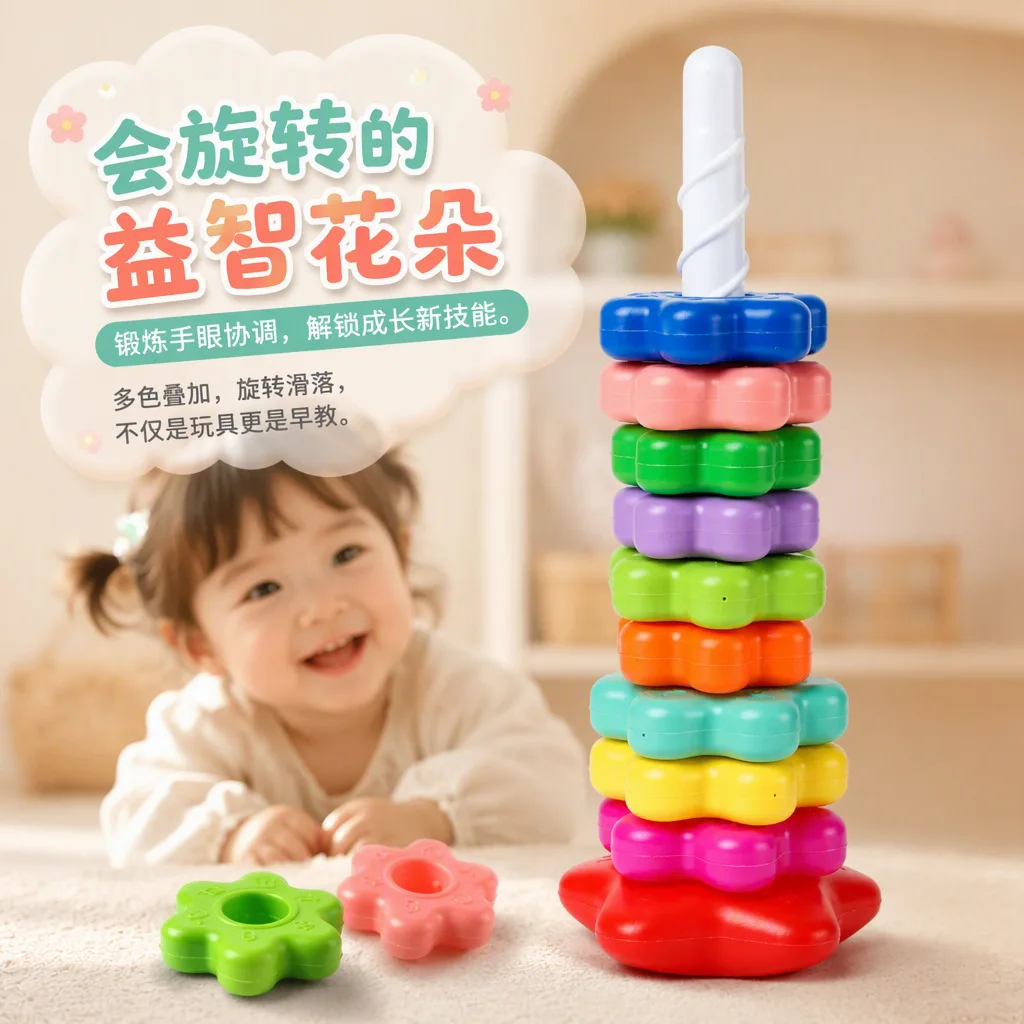 Baby Rotating Rainbow Tower Montessori Stacking Puzzle Toys Safety Early Educational Children's Toys Christmas Birthday Gifts