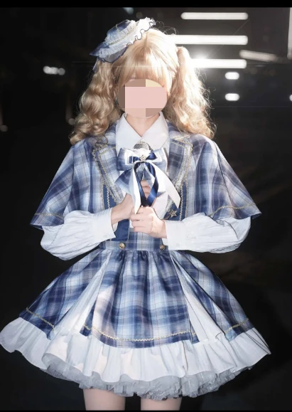 

Japanese Lolita Suit Academy Style Blue Grid Suit Shawl Bow Shirt Pleated Skirt 3-piece Set Women Jk Stage Tea Party Clothing