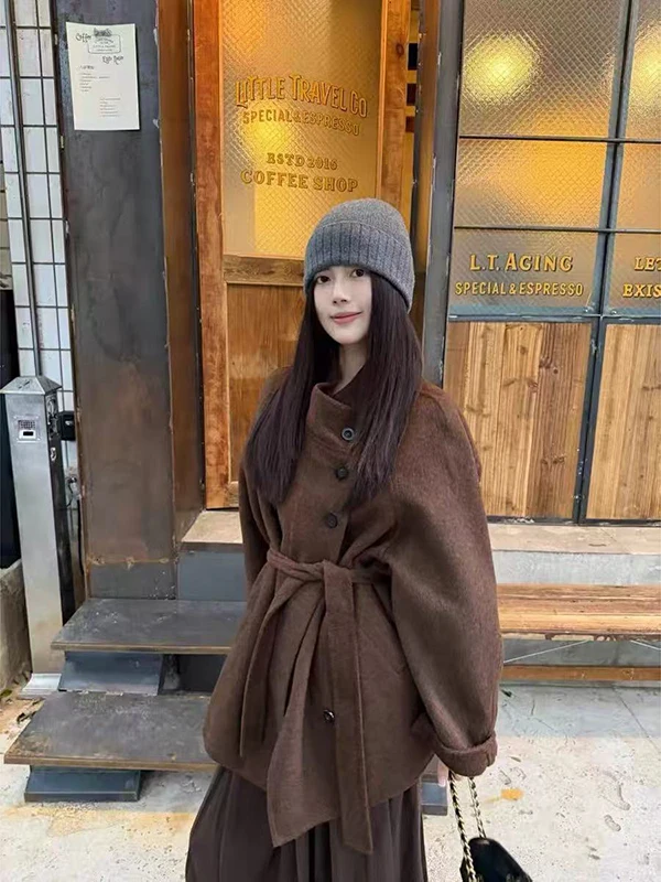 

plus Size 300 Pou Brown Coat Women Fat MM Autumn Winter New Sle Stand Collar Small Size High End Good Looking Woolen Jaet
