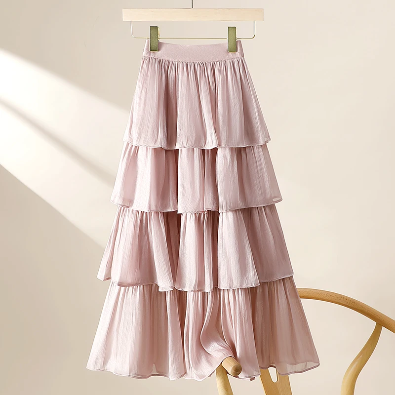 Glimmende Tule Taartrok Dames Halflange A-lijn Geplooide Hoge Taille Meerlaagse Parelwitte Rok voor de zomer