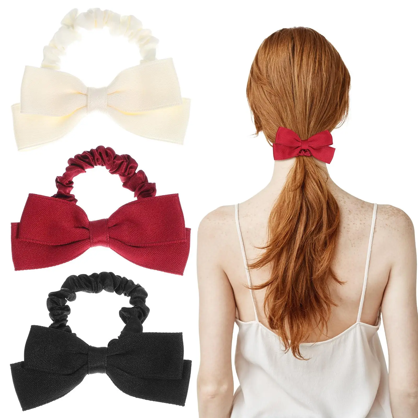 

6 Pcs Hair Ties Elastic Ponytail Holder Stylish Bows Women Hair Bands Scrunchies Thick Rope Black Bow Satin Bracelet Practical