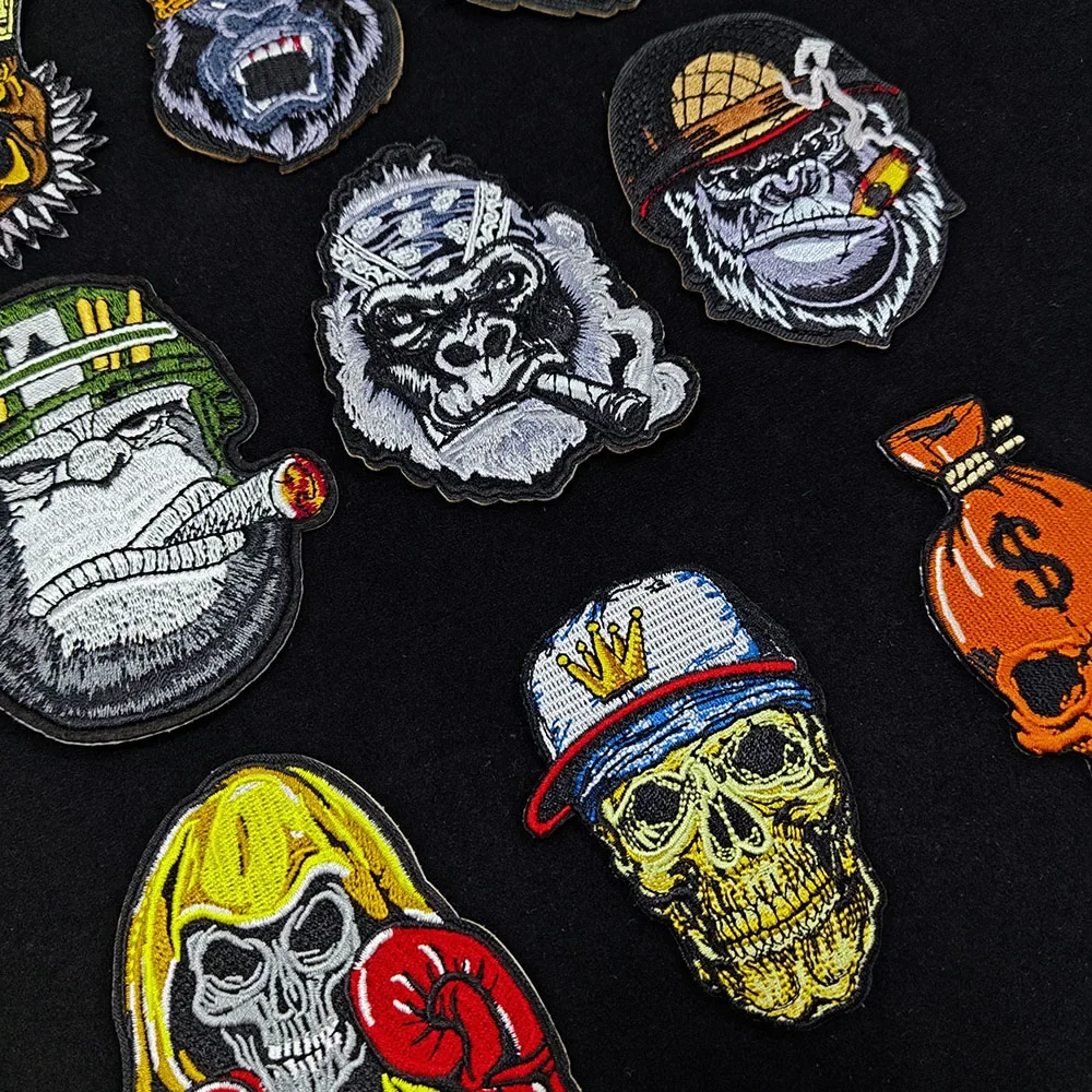 Punk Rock Embroidery Patch Gorilla Bear Skull Badge Ironing Stickers for Clothes Fusible Iron on Patches Jacket Jean Accessories