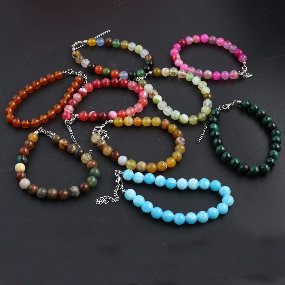

6 Pcs Natural Striped Agate Stone Beaded Bracelets Jewelry Gift