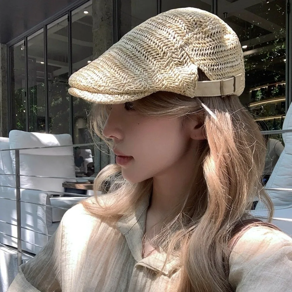 Japanse stijl holle stro baret vakantie strand stro krantenjongenspet plat aanpassen schilder baret lente zomer