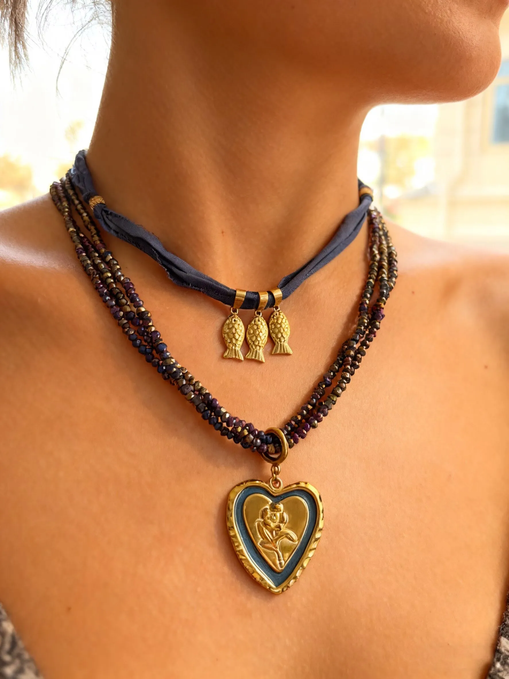 Peri'sbox Heart-Shaped Enamel Pendant Multi-Layered Crystal Bead Chain Necklace Women's Cute Small Fish Cloth Chain Jewelry Gift