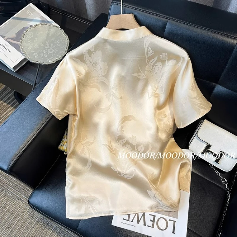 2026 New Chinese Style Jacquard Side Button Satin Shirt Women's Retro Mandarin Collar Cheongsam Blouse Elegant Casual Tops