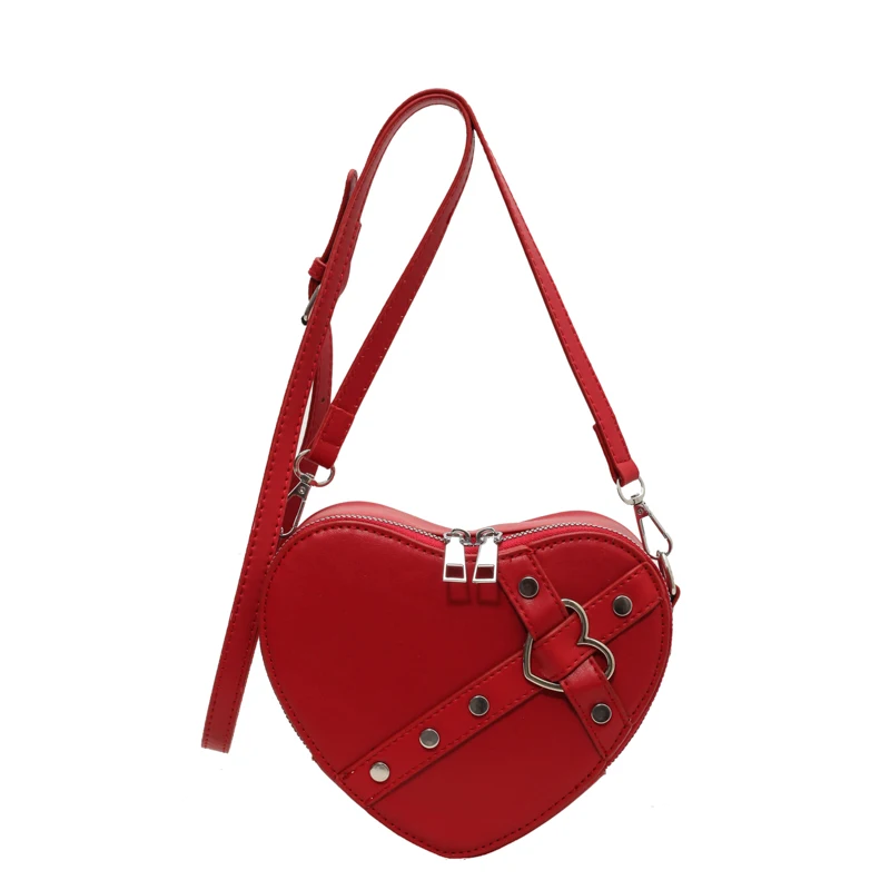 Female Heart Shape Shoulder Handbag Riveted Locomotive Style Small Crossbody Bag Women Luxury Red Leather Shopping Tote Purse